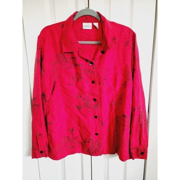 Chico's 2 100% Silk Red Black Long Slv Button-up Large Shirt Stick Figures Print - Picture 1 of 11